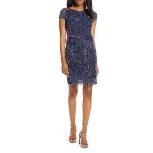 Pissaro Nights Navy Beaded Floral Sheath Dress Evening Party Occasion Women's 10